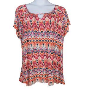 Avenue Red, Pink, Orange Southwestern Short Sleeve Keyhole Top Size 22/24 EUC